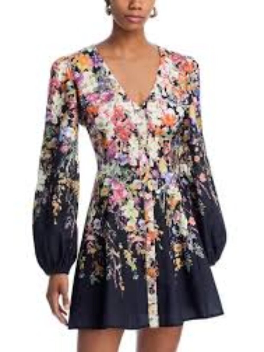 AQUA Black Floral Print Long Sleeve Mini Dress ** Size M